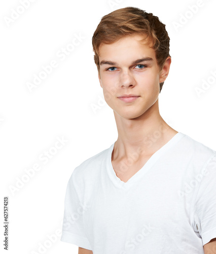 Fashion, style and portrait of young man with confidence, attractive student and isolated on transparent png background. Youth, pride and face of male person with trendy casual clothes for university