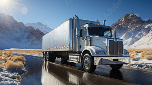 Commercial big rig white industrial long haul semi truck transporting frozen cargo ,generative ai