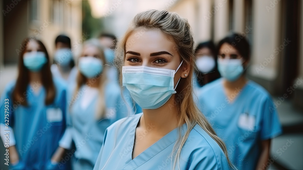 Portrait of a young nursing student standing with her team in hospital, dressed in scrubs, Doctor intern . High quality photo,generative ai Portrait of a young nursing student standing with her team in hospital, dressed in scrubs, Doctor intern . High quality photo,generative ai