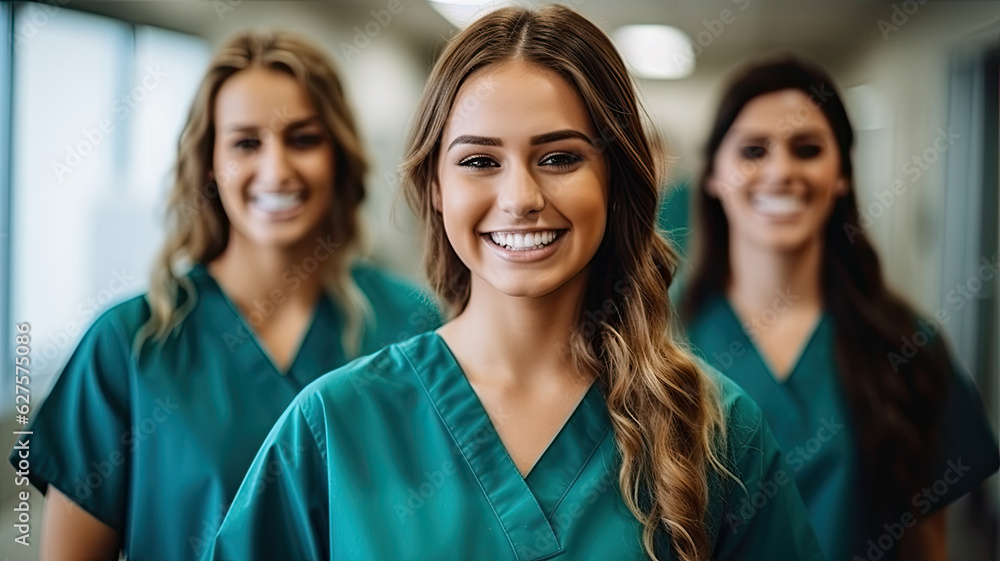 Portrait of a young nursing student standing with her team in hospital, dressed in scrubs, Doctor intern . generative ai Portrait of a young nursing student standing with her team in hospital, dressed in scrubs, Doctor intern . generative ai