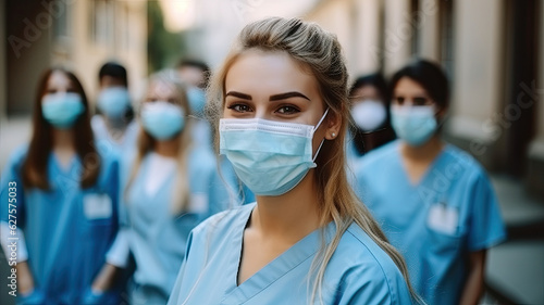 Portrait of a young nursing student standing with her team in hospital, dressed in scrubs, Doctor intern . High quality photo,generative ai