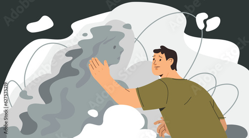 Man in dispair after losing loved one. Male character seeing a shadow of his partner. Mssing departed partner. Breakup, human loss, end of relationship concept. Vector illustration. 