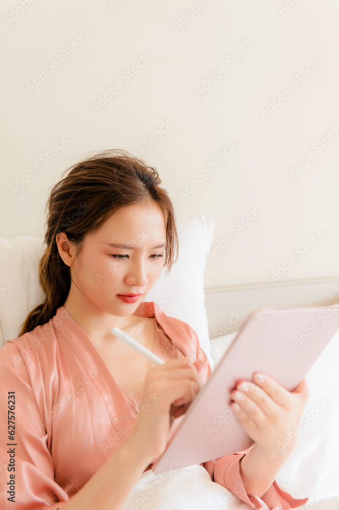 A beautiful Asian girl, bright, sleeping at night, waking up in the morning, doing activities on the bed portrait Asian woman in the bedroom and bathroom activities A beautiful Asian girl, bright, sleeping at night, waking up in the morning, doing activities on the bed portrait Asian woman in the bedroom and bathroom activities
