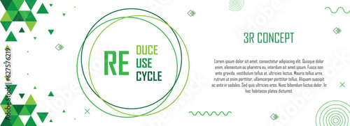 3R concept banner with geometric abstract pattern design, reduce, reuse, recycle, save the earth and nature, go green, environment day, eco friendly, copy space for text