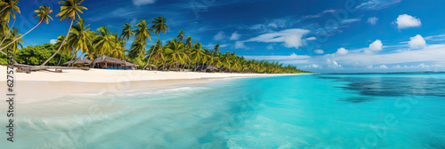 Panoramic view of a paradise beach with white sand, palm trees and crystal clear water. Generative AI © Farnaces