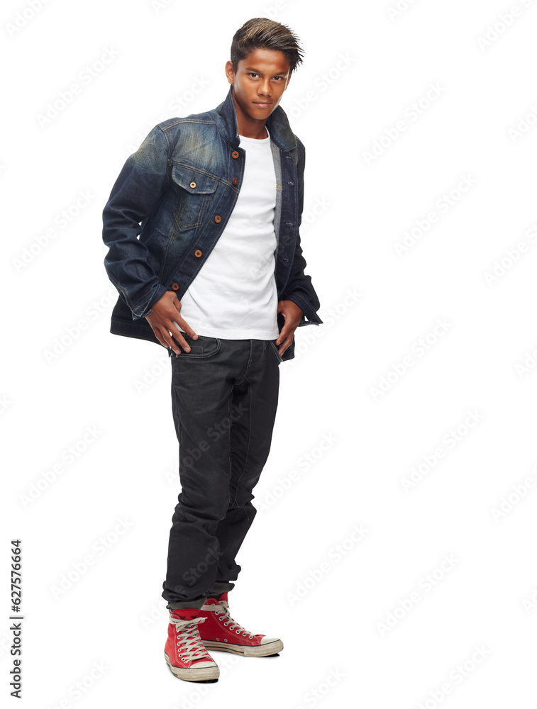 Fototapeta premium Fashion, serious and portrait of man with confidence, attitude and pride on png transparent background. Model, confident and isolated young male person with trendy clothes, style and denim jacket