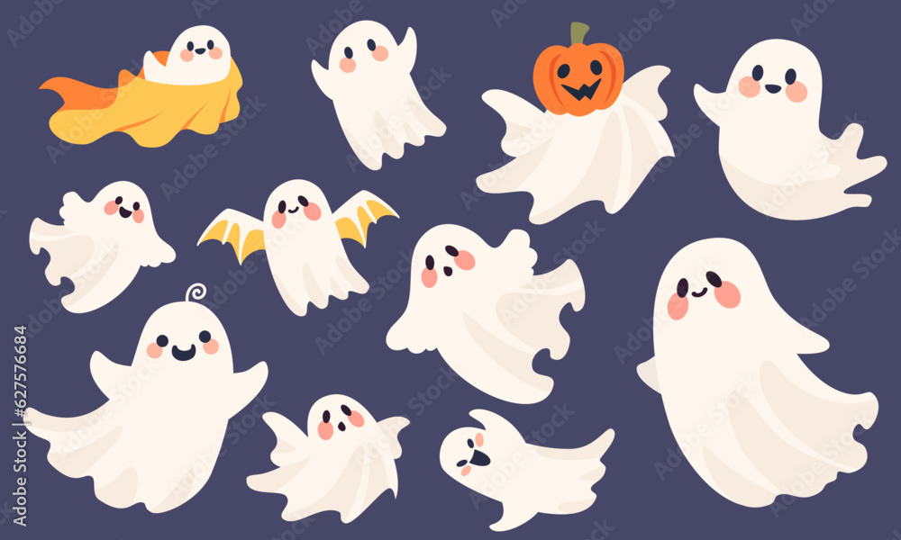 Halloween vector set. Cute kind scary ghosts. Big collection of flying ghosts . Vector illustration Halloween vector set. Cute kind scary ghosts. Big collection of flying ghosts . Vector illustration