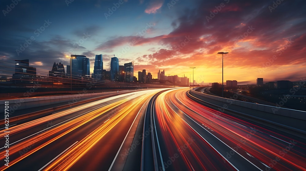 Obraz premium High traffic at sunset in a lighting big metrolpole city with stunning lights and light strips