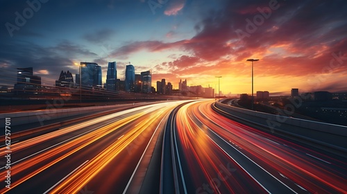 High traffic at sunset in a lighting big metrolpole city with stunning lights and light strips