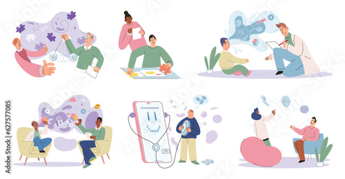 Private psychology, psychotherapy help concept. Psychologist assistant service, support therapy set. Mental therapy sessions with psychotherapists. Teenage, couple, individual and group psychology