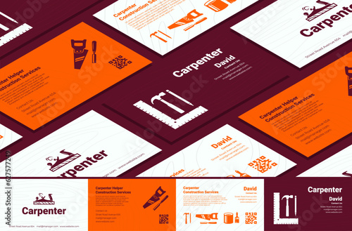 Carpenter business card template set with seamless pattern banner vector illustration