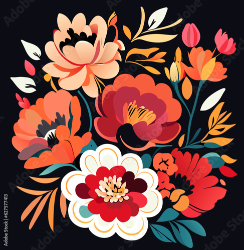 Close-up view of flowers in various colors such as red  orange  yellow  white and leaves on black background.