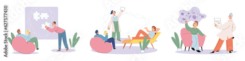 Psychology support, mental social help. Psychotherapy. Mental therapy session with a psychotherapist or psychologist. Family psychologist speaking with couple, family psychiatry concept set