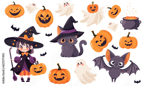 Cute vector set for the Halloween holiday. Girl in witch costume cat in witch hat ghost bats cauldron jack lantern pumpkins. Characters on white background . Vector illustration