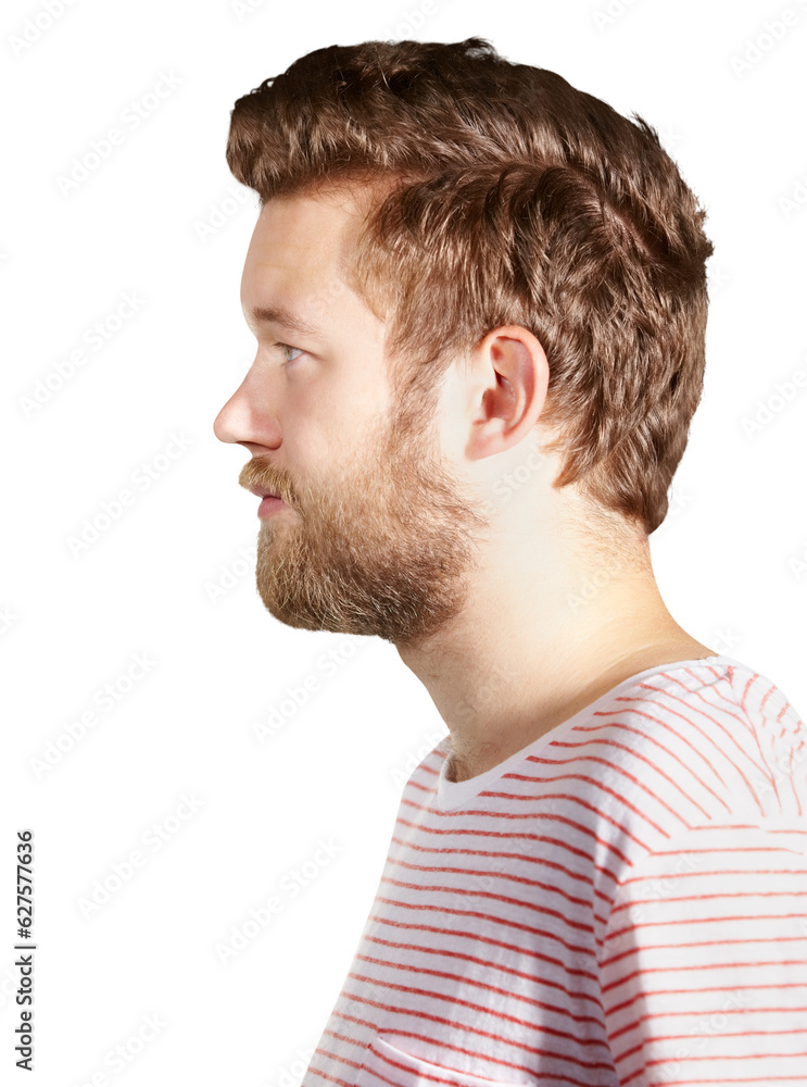 Obraz premium Confident, casual and profile of young man with beard and trendy, stylish or edgy tshirt. Serious, natural and handsome male model from Australia with face hair isolated by transparent png background