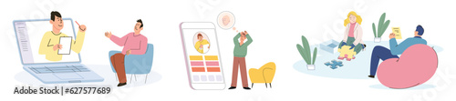 Online therapy to person with confusion in head. Online psychological help service. Psychotherapy session online counselor psychotherapist counselling patient male having emotional, family problems