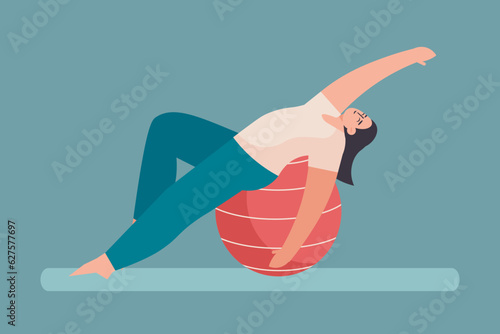 Young lady doing stretching with fit ball. Training and recovery after childbirth. Active and healthy lifestyle. Yoga and fitness concept. Vector flat illustration in blue colors in cartoon style