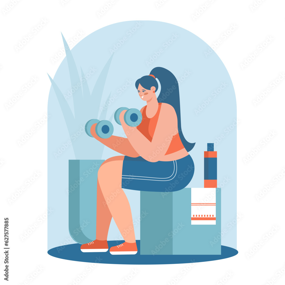 Woman holding dumbbells and doing exercise for arm muscles while sitting. Regular physical activity. Morning training and fitness time. Concept of healthy lifestyle. Flat vector illustration Woman holding dumbbells and doing exercise for arm muscles while sitting. Regular physical activity. Morning training and fitness time. Concept of healthy lifestyle. Flat vector illustration