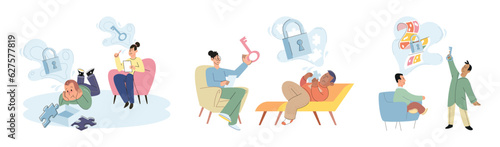 Psychotherapy scenes with psychologist and depression patient. Psychoanalysis and family psychotherapy, problems counseling and therapy with support. Mental child therapy sessions with psychotherapist