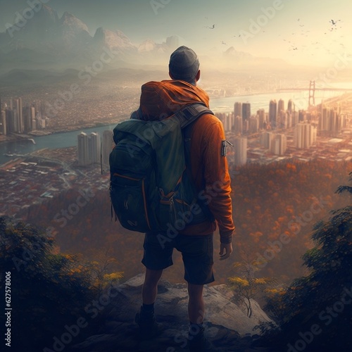 Photographie A backpacker gazing at a distant cityscape from a hilltop viewpoint generative a