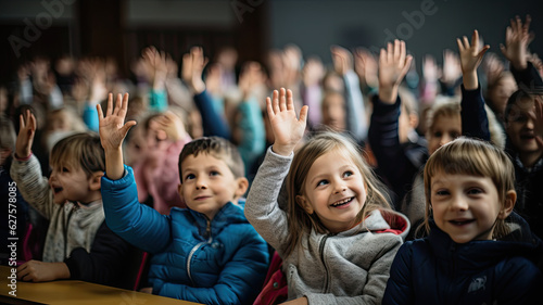 photograph of Pupils raising their hands during class at the elementary school,generative ai