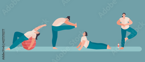 Woman doing stretching training with fit ball on mat in gym. Morning training and fitness time. Active and healthy lifestyle. Yoga and fitness concept. Vector flat illustration in blue colors