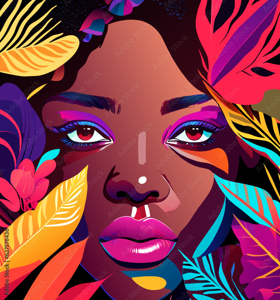 Close-up view of black woman face with flowers