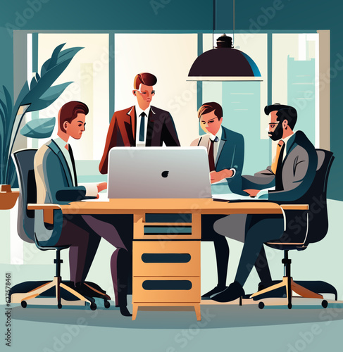 Business meeting and business meeting The boss and the staff discussing something at the table. Business meeting, vector illustration