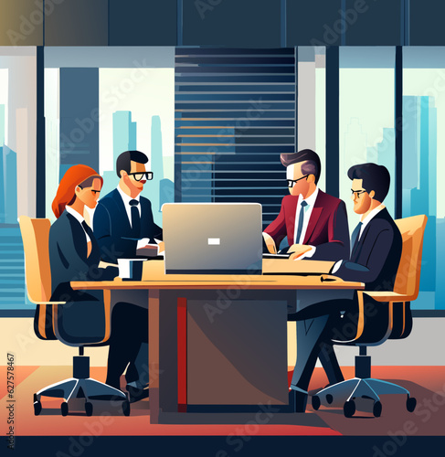 Business meeting and business meeting The boss and the staff discussing something at the table. Business meeting, vector illustration