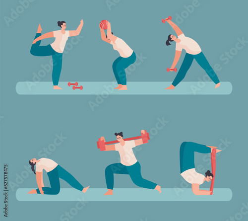 Set of sporty woman doing different exercise with sport equipment. Morning training and fitness time. Active and healthy lifestyle. Yoga and fitness concept. Vector flat illustration in blue colors