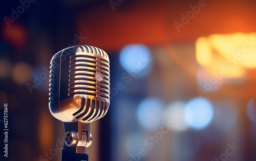 Side view of a radio microphone with studio background blur, lighting, and side blank space photo