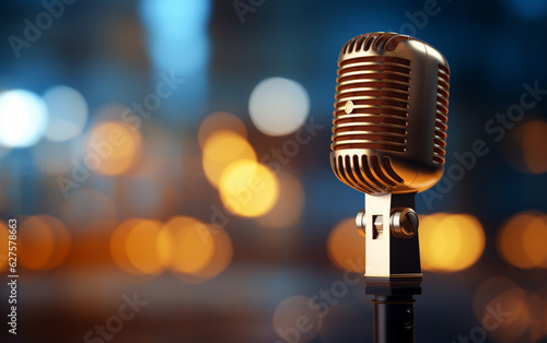 Side view of a radio microphone with studio background blur, lighting, and side blank space