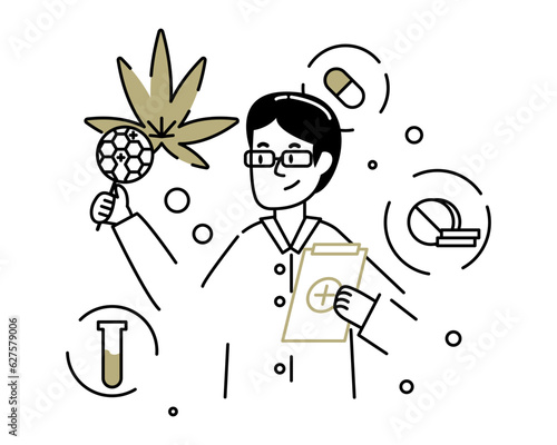 Male in white coat holding clipboard and testing medicine. Development of cosmetic products. Legalize cannabis for medical use concept. Flat line vector illustration in cartoon style