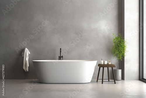 Interior of modern bathroom with concrete walls, concrete floor, comfortable white bathtub and wooden stool. 3d rendering