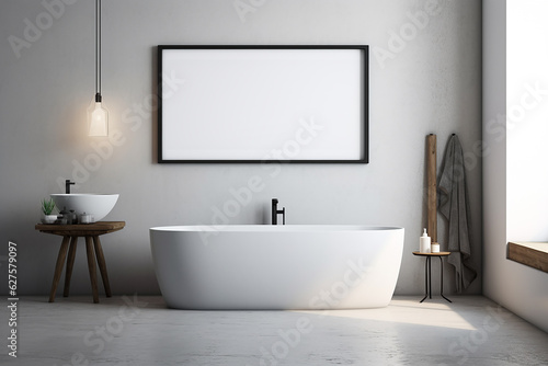 Interior of modern bathroom with white walls  concrete floor  comfortable white bathtub standing near round mirror and horizontal mock up poster frame. 3d rendering