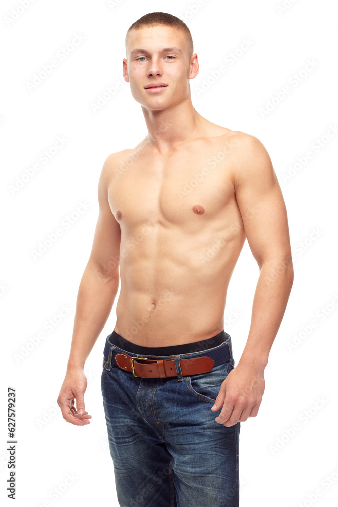 Portrait, muscle and body of man in jeans isolated on a transparent png background. Power, abs and strong model or athlete with health, fitness and bodybuilder workout, exercise or training in Spain