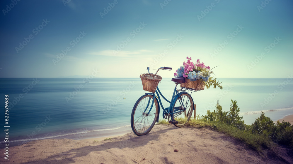 Obraz premium am Strand steht eon Fahrrad mit bunten Blumen im Korb 