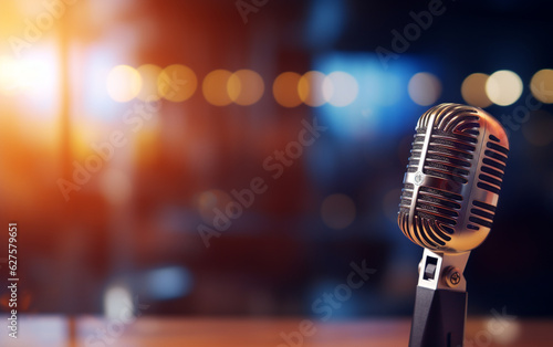 Side view of a radio microphone with studio background blur, lighting, and side blank space