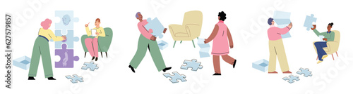 Psychiatrist consultation. People at psychotherapy, psychology sessions set game. Addiction treatment concept. Sad woman talks during a mental therapy session with her psychotherapist or psychologist