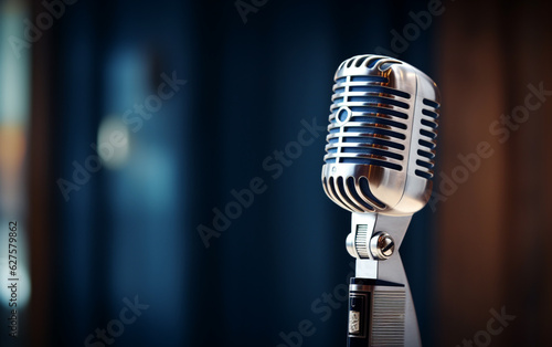 Side view of a radio microphone with studio background blur, lighting, and side blank space