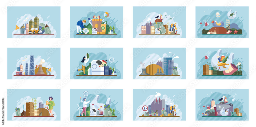 Waste pollution set. Contamination awareness ecological environmental concept flat compositions set with industrial and housekeeping waste. Refuse trash garbage in dirty city. Ecology, nature problem Waste pollution set. Contamination awareness ecological environmental concept flat compositions set with industrial and housekeeping waste. Refuse trash garbage in dirty city. Ecology, nature problem