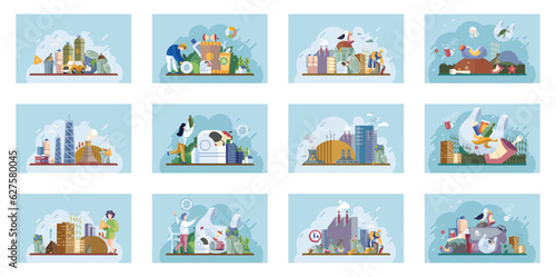 Waste pollution set. Contamination awareness ecological environmental concept flat compositions set with industrial and housekeeping waste. Refuse trash garbage in dirty city. Ecology, nature problem