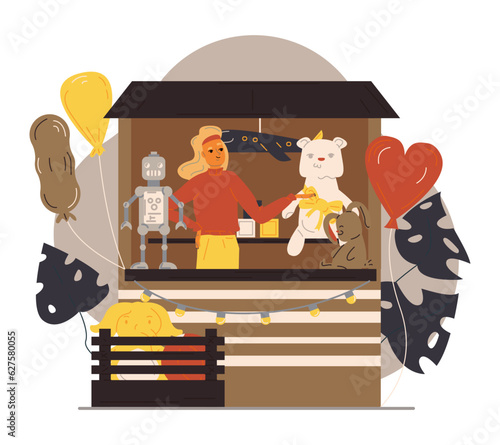 Young female selling different toys in kiosk. Seller working outside, sell street food from truck. Street food trading concept. Flat vector illustration in cartoon style
