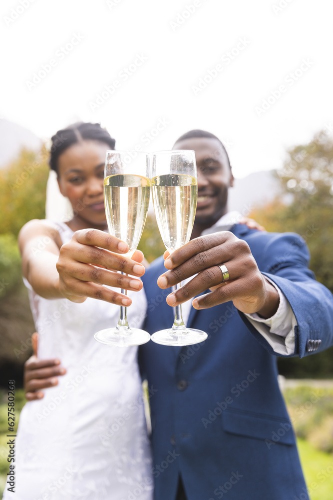 Happy african american bride and groom toasting with champagne in sunny garden, copy space Happy african american bride and groom toasting with champagne in sunny garden, copy space