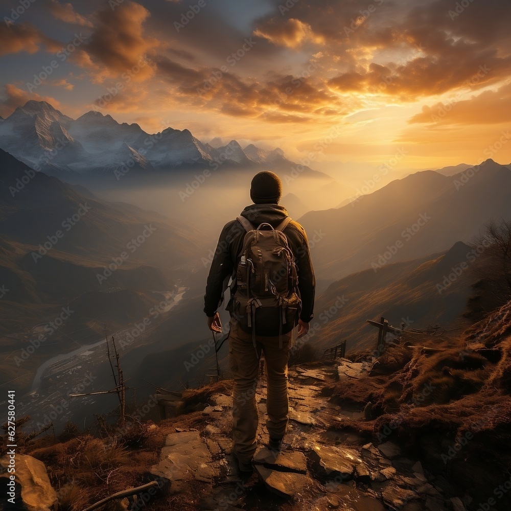 A hiker standing on a mountain peak, with a breathtaking sunset sky as the backdrop generative ai A hiker standing on a mountain peak, with a breathtaking sunset sky as the backdrop generative ai