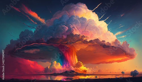 Vivid Cumulonimbus Clouds Amidst a Rainbow, Artistic Sunset Vista, High-Definition Panorama, Aerial Overlook of Earth, Wide Vision, Breathtaking Scenery. Generative AI