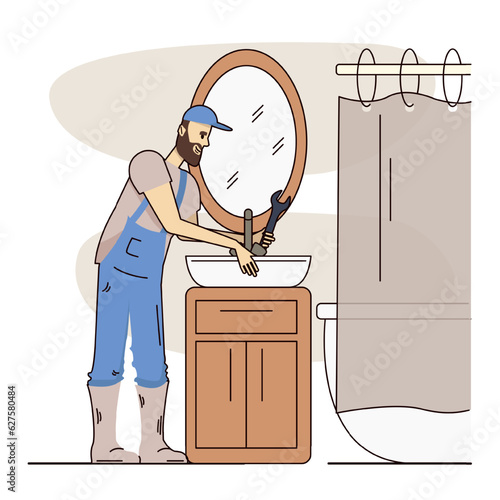 Young man in uniform performing replacement of plumbing. Young in uniform carry out repairs in apartment. Repair and service concept. Flat line vector illustration in cartoon style