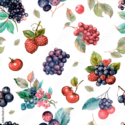 Berry vector in bohemian style seamless pattern. Strawberries  raspberries  blueberries and currants. For printing on prints  textiles  T-shirts