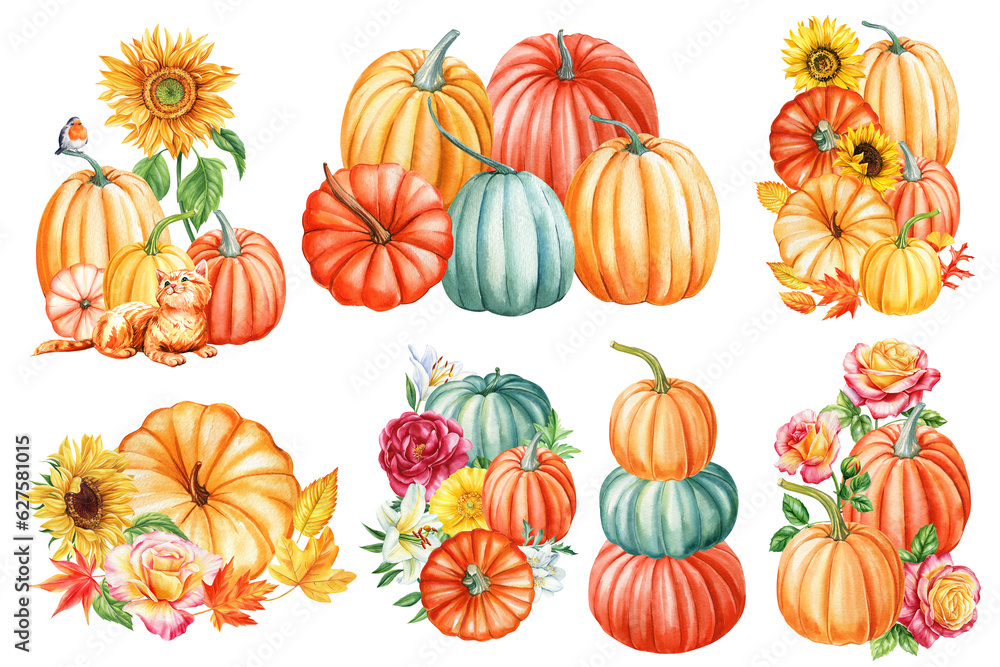 Set of Pumpkins on an isolated white background. Watercolor illustration, hand drawing pumpkin. Autumn art Set of Pumpkins on an isolated white background. Watercolor illustration, hand drawing pumpkin. Autumn art