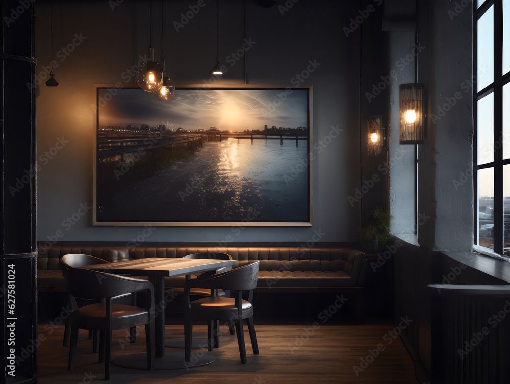 Artistic Display in Industrial Modern Restaurant, Focused on Framed Artwork, Perfect for Interior Design Inspiration. Generative AI Artistic Display in Industrial Modern Restaurant, Focused on Framed Artwork, Perfect for Interior Design Inspiration. Generative AI